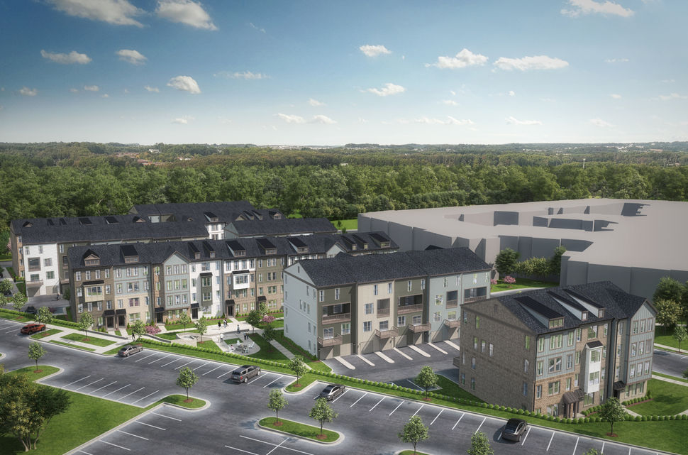 Neighborhood Rendering with Townhome Style Condos and Firepit Community Space